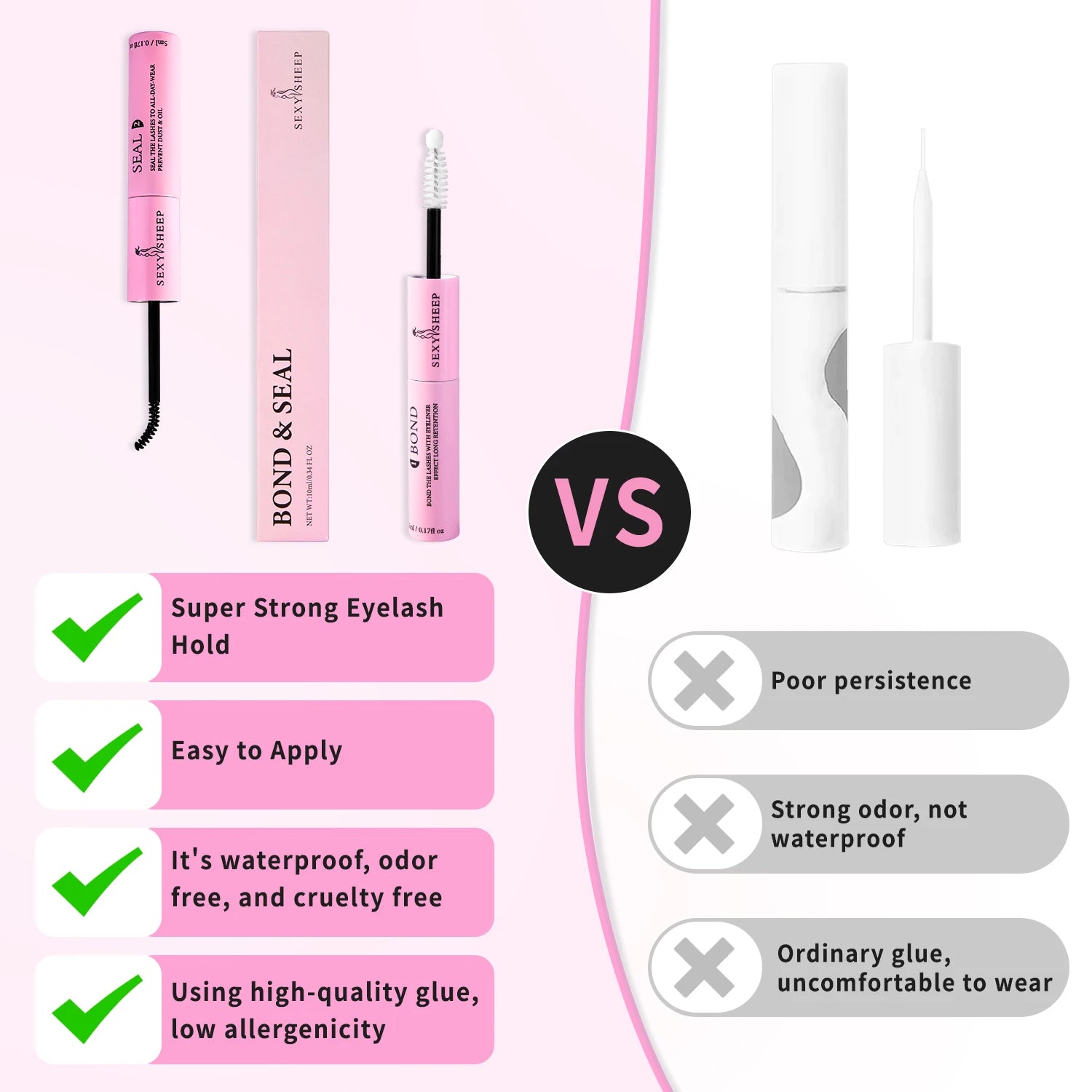 Eyelash Glue and Seal for Eyelash Clusters Strong Fixed  Eyelash Glue Lasting 48H 2 in 1(5ml Black Glue + 5ml Clear Seal)