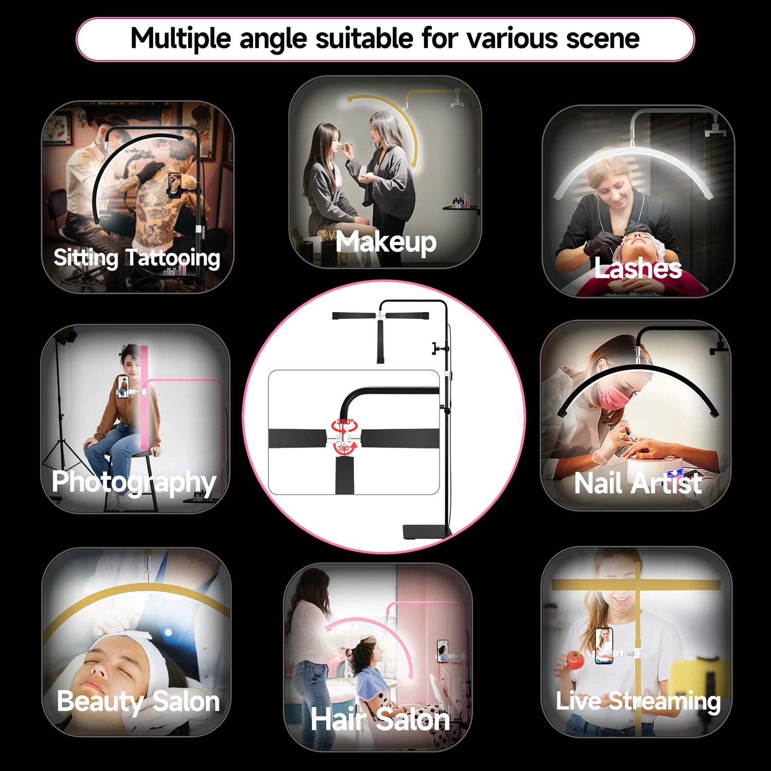 Free LOGO 23inch oem 45W New LED Eyelash Extension Light Half-Moon bed lamp Design Adjustable Brightness with Ring Light Feature