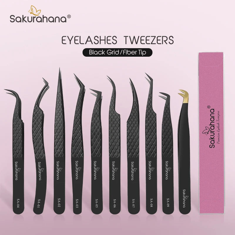 SAKURAHANA Professional Eyelash Tweezers Black Fiber Tip For Lash Extensions Mega Volume Mink Lashes Tool Makeup Artist Kit