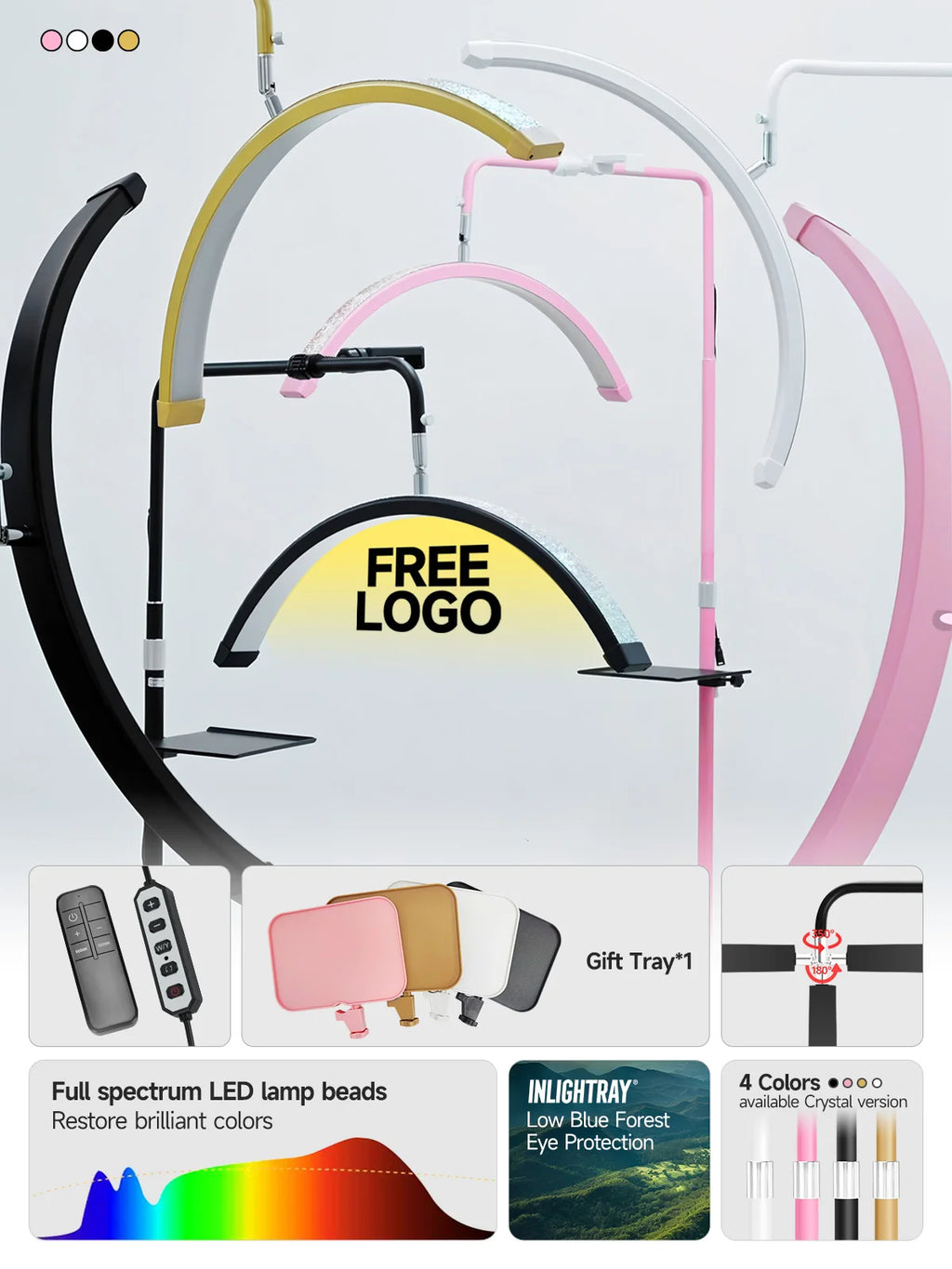 Free LOGO 23inch oem 45W New LED Eyelash Extension Light Half-Moon bed lamp Design Adjustable Brightness with Ring Light Feature