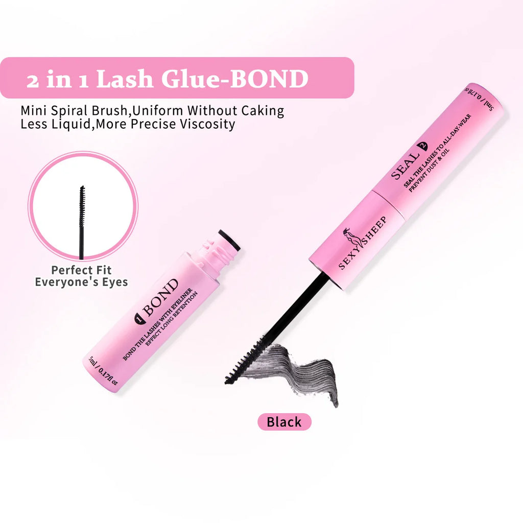 Eyelash Glue and Seal for Eyelash Clusters Strong Fixed  Eyelash Glue Lasting 48H 2 in 1(5ml Black Glue + 5ml Clear Seal)