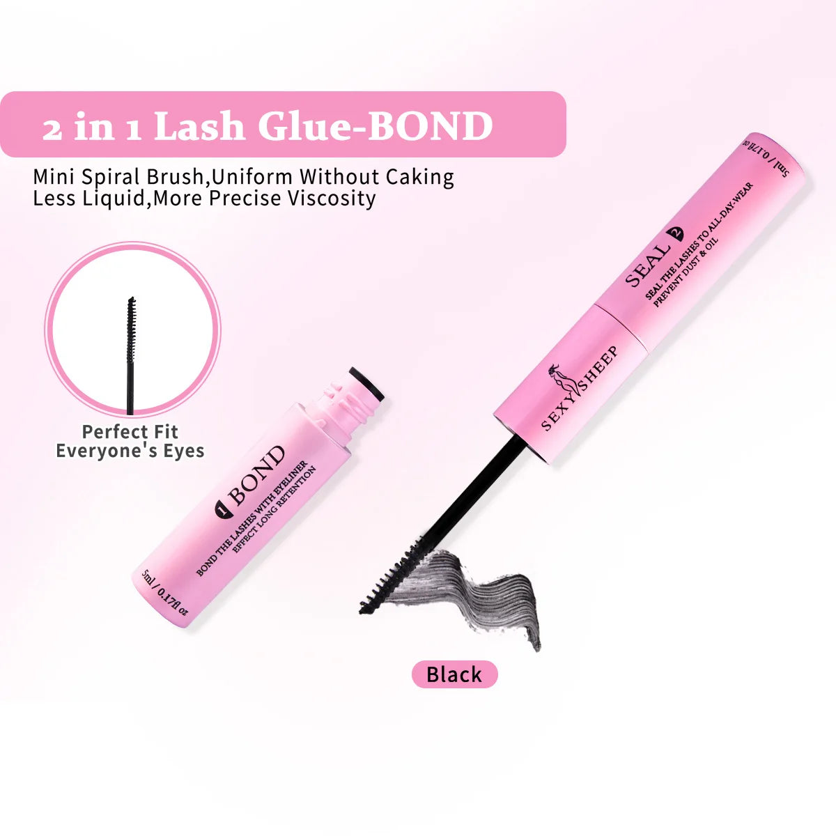 Eyelash Glue and Seal for Eyelash Clusters Strong Fixed  Eyelash Glue Lasting 48H 2 in 1(5ml Black Glue + 5ml Clear Seal)