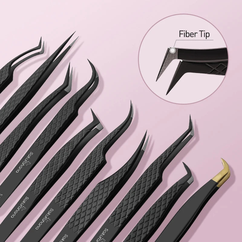 SAKURAHANA Professional Eyelash Tweezers Black Fiber Tip For Lash Extensions Mega Volume Mink Lashes Tool Makeup Artist Kit