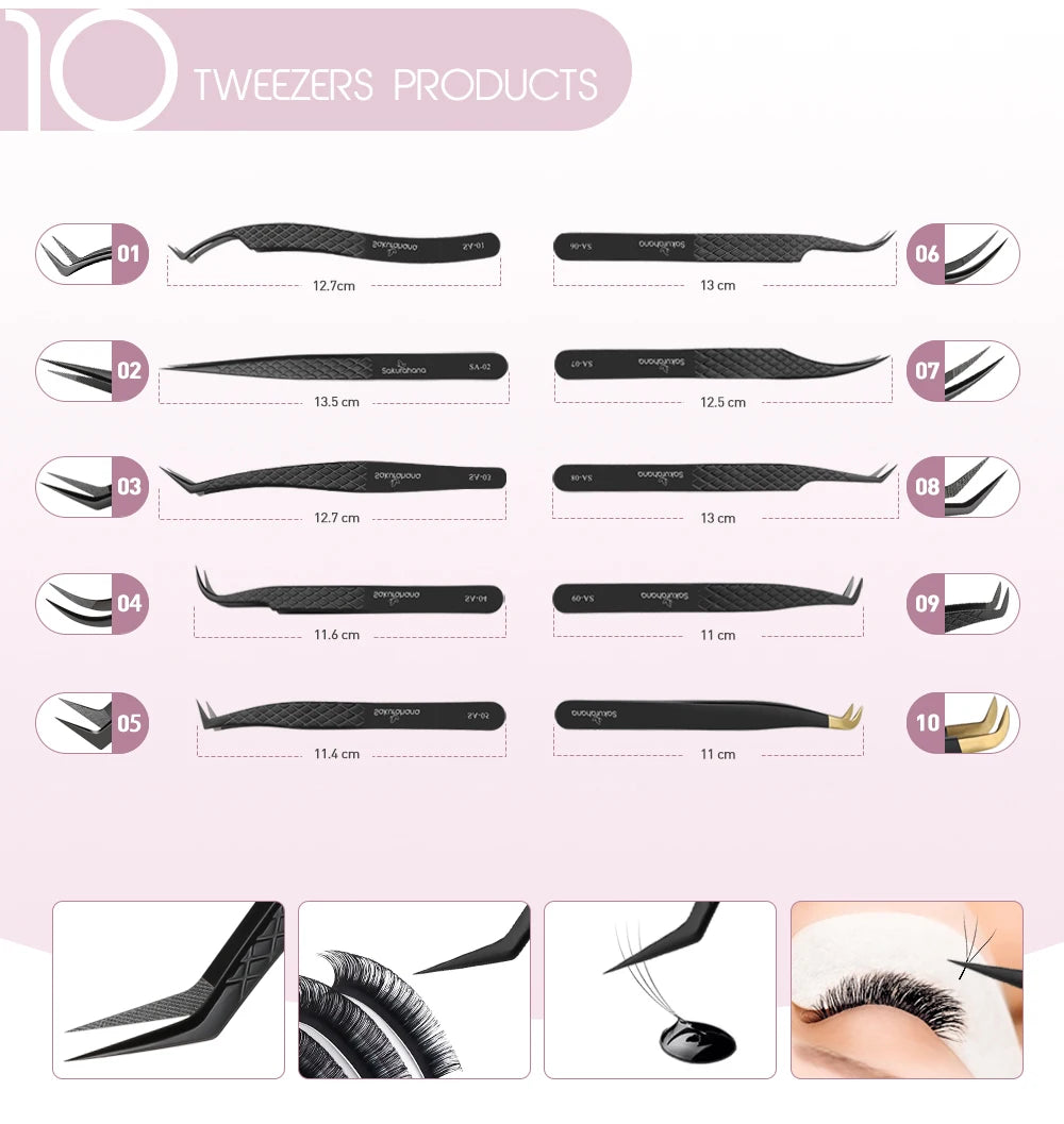 SAKURAHANA Professional Eyelash Tweezers Black Fiber Tip For Lash Extensions Mega Volume Mink Lashes Tool Makeup Artist Kit