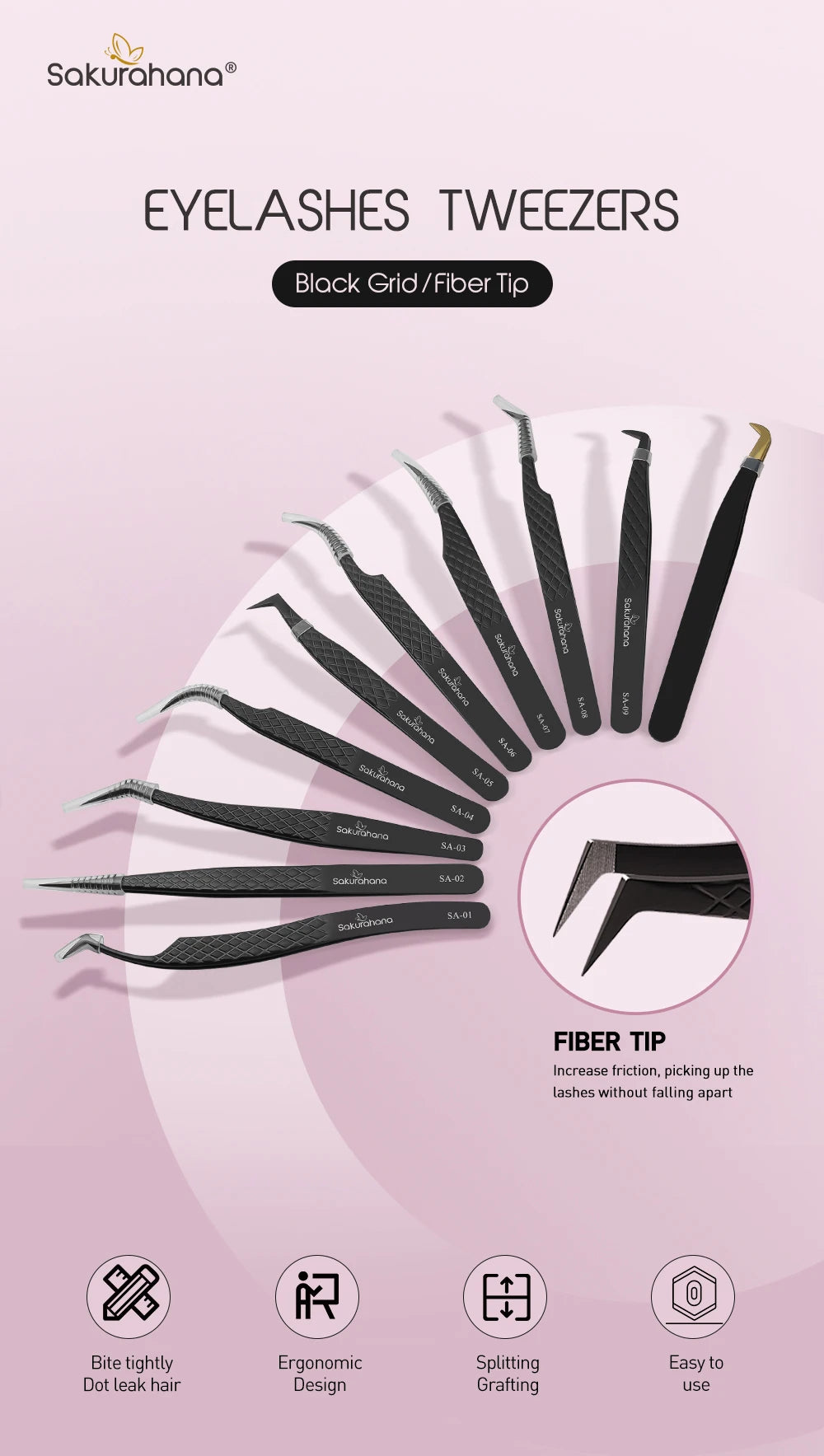 SAKURAHANA Professional Eyelash Tweezers Black Fiber Tip For Lash Extensions Mega Volume Mink Lashes Tool Makeup Artist Kit